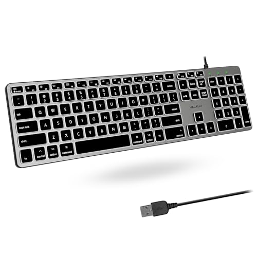 Macally Mac-Tastatur mit Hintergrundbeleuchtung, kabelgebunden, leise, schlank und funktional, 3 Helligkeitsstufen, 107 Tasten, iMac, MacBook Pro/Air – Space Grau