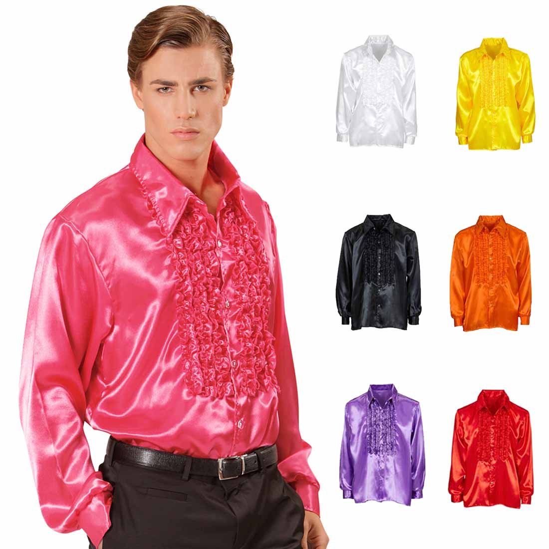Amakando Rüschenhemd Schlagerstar 70er Jahre Hemd XL 54 pink Disco Satinhemd Herrenhemd Schlager Schlagerparty Accessoire Saturday Night Fever