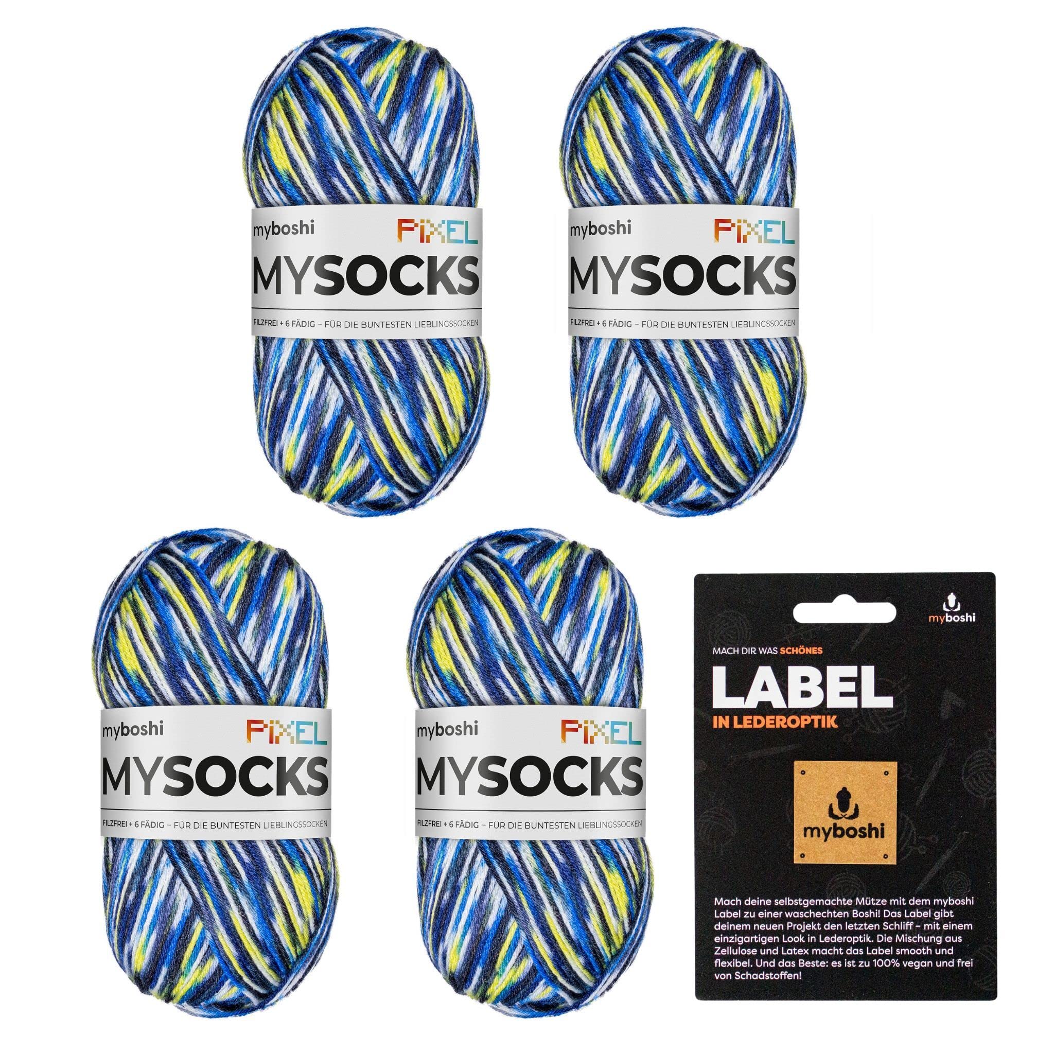 myboshi mysocks Pixel, 6-fädige Sockenwolle, strapazierfähig, Garn, inkl. original Label in Lederoptik aus Schurwolle, filzfrei, 150g, Ll 390m Blau (Otis) 4 Knäuel