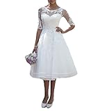 Carnivalprom Damen Spitze Hochzeitskleid Brautkleid mit Ärmeln Sheer Rundhals Abendkleider(Weiß,40)