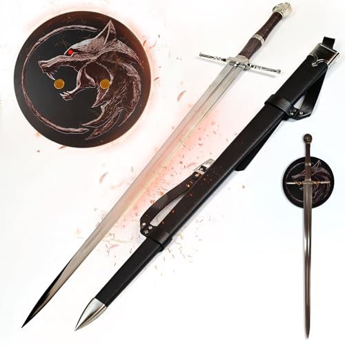 Witcher - Stahl Schwert mit Scheide + Wanddisplay, Geralt von Riva Stahlschwert, Metallschwert für Cosplays, zum Sammeln & als Geschenk, Schwerthalter aus Holz mit Wolf Symbol