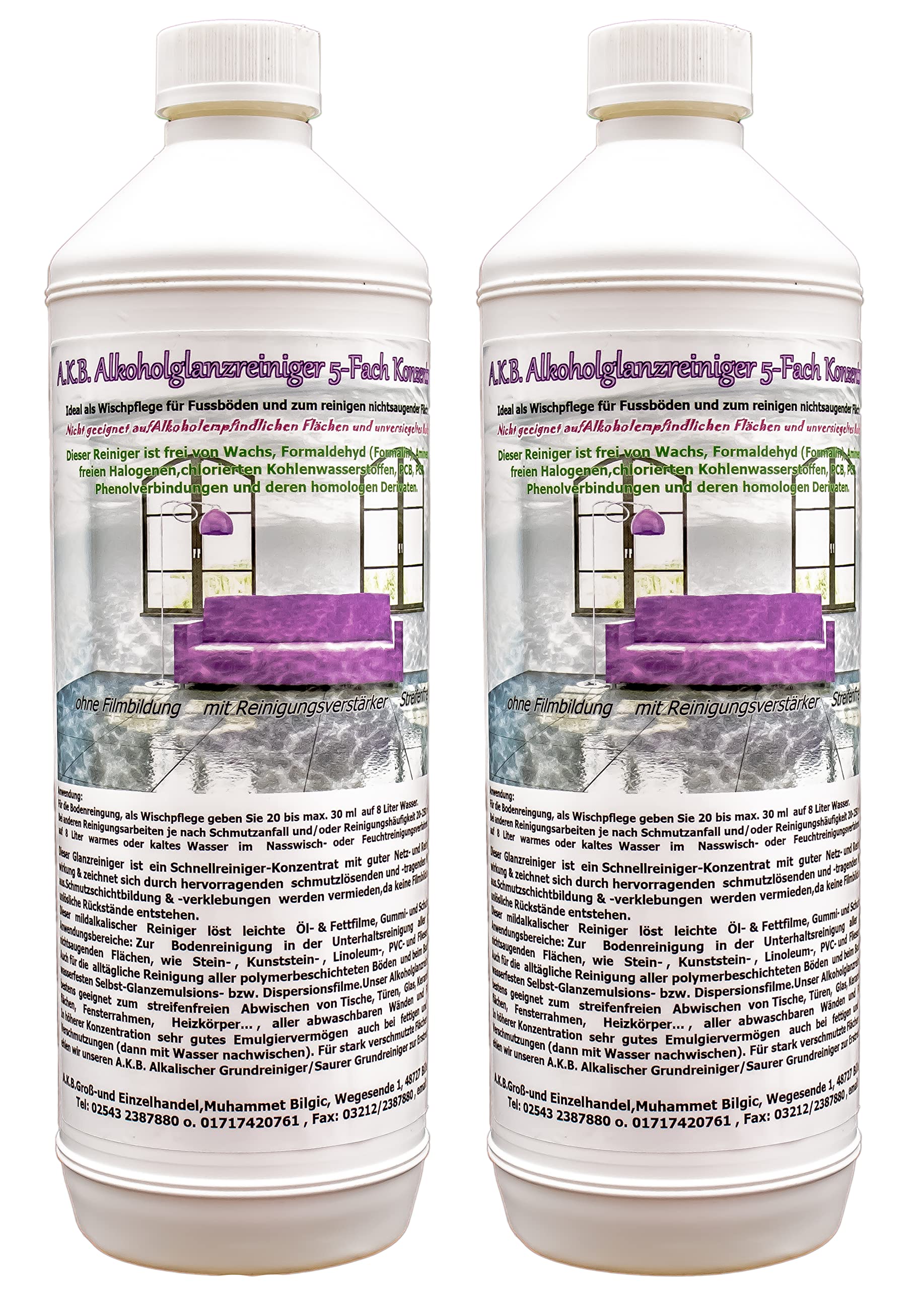 A.K.B. Glanzreiniger 5-Fach Konzentrat, Wischroboter Reinigungsmittel (idealer Alkoholglanzreiniger als Bodenreiniger, Hartbodenreiniger ), 1392 (2 x 1L Flasche),Allzweckreiniger,Allesreiniger