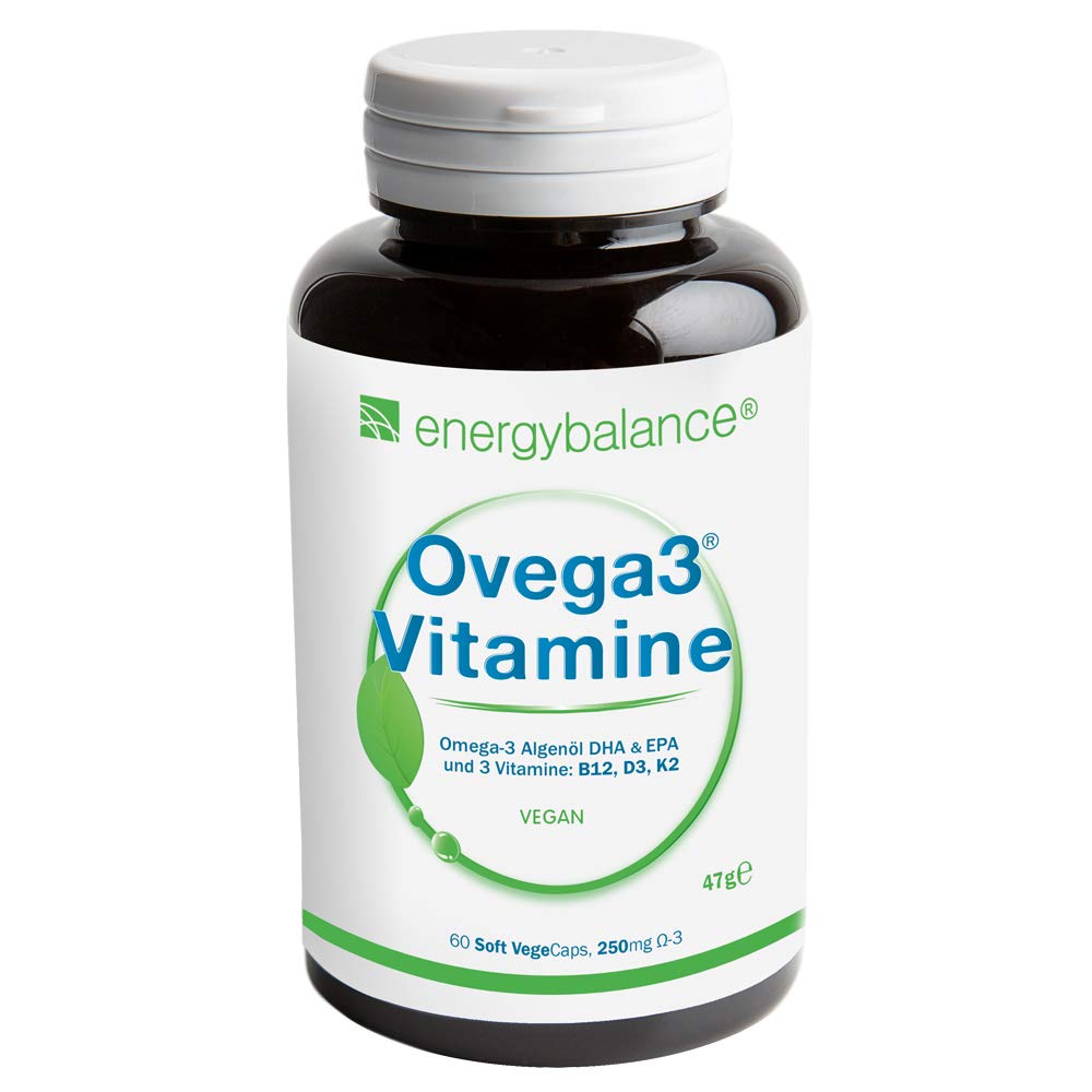 EnergyBalance Ovega3 Vitamine - Kapseln mit pflanzlichem Omega 3 Algenöl DHA & EPA - Vitamin D3, K2, B12 - Vegan, Glutenfrei, ohne Gelatine - 60 VegeCaps à 250 mg