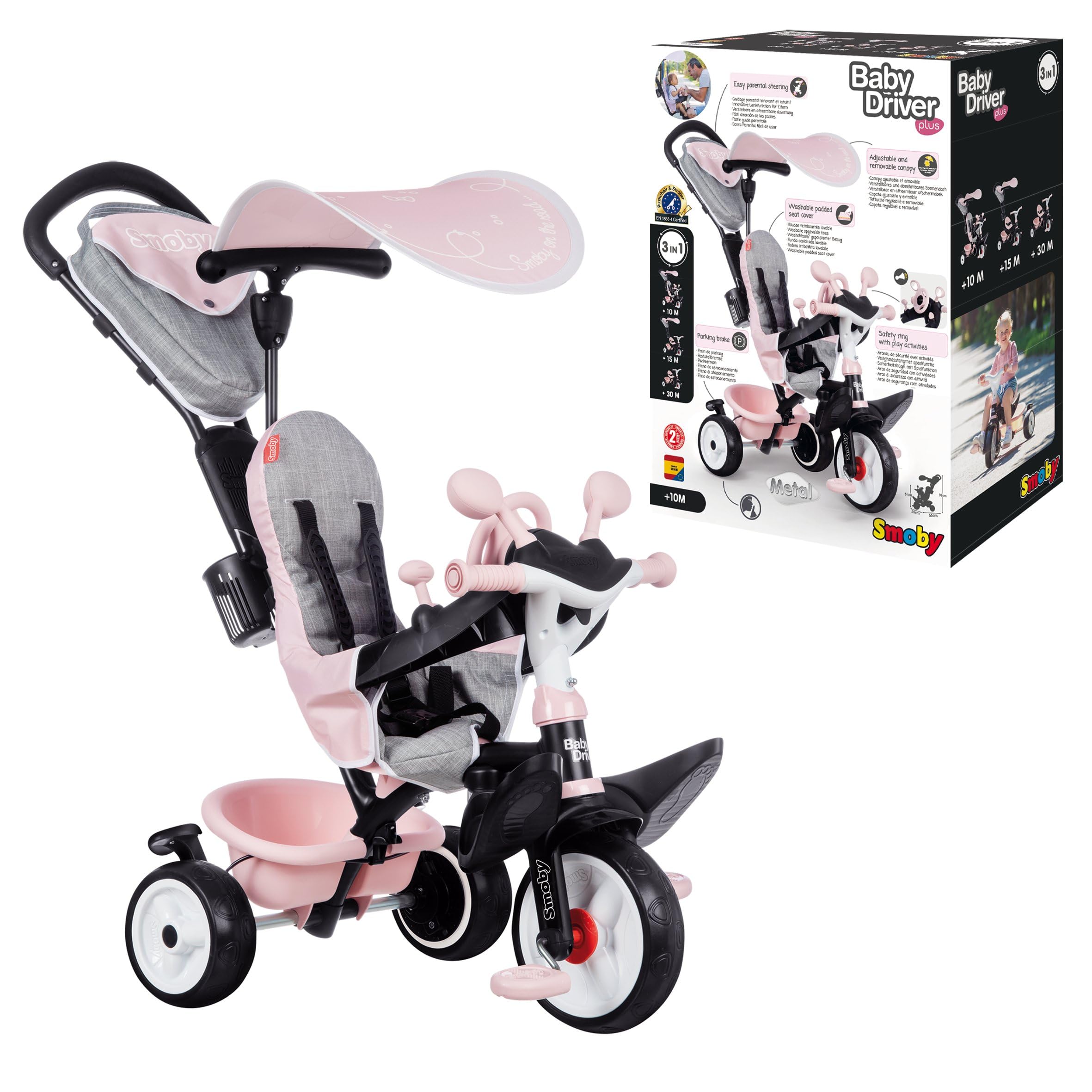 Smoby - Baby Driver Plus Rosa - 3-in-1 Kinder Dreirad, mitwachsendes Multifunktionsfahrzeug mit premium Ausstattung, für Kinder ab 10 Monaten