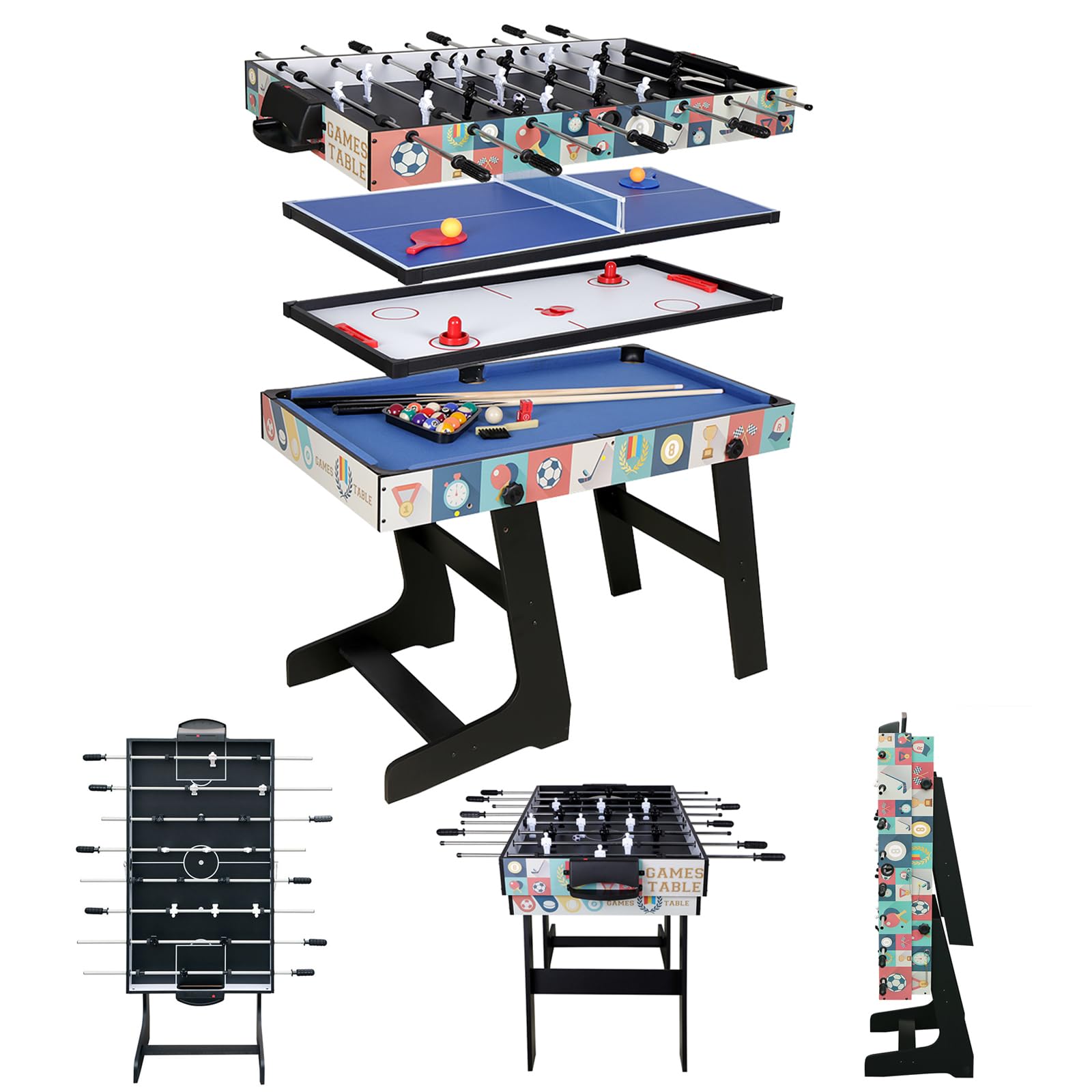 Tischkicker Klappbarer Fußballtisch Teleskoprohr Spieltisch Netz 8 Stangen 22 Spieler(4 Fuß)