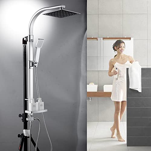 Duschgarnitur mit Seifenschale Überkopfbrause Handbrause Duschsäule Schlauch, Regendusche Duschsystem für Badezimmer, Höhenverstellbar Chrom