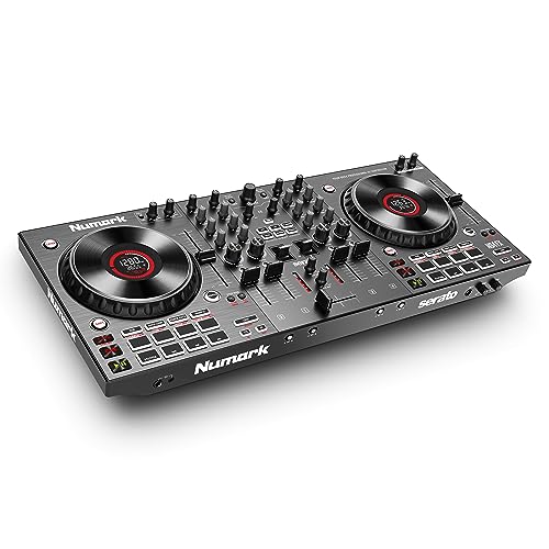 Numark NS4FX – 4-Kanal DJ Controller Pult, Touch-Jogwheels mit Display, Pads und Effekten, Booth- und Main-Ausgänge, Serato DJ Lite enthalten