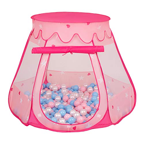 Selonis Baby Spielzelt Mit Plastikbällen Bällebad Zelt Plastikkugel Kinder, Pink:Babyblau-Puderrosa-Perle,105X90cm/300 Bälle