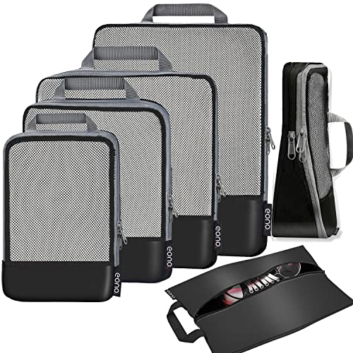 Eono Komprimierbaren Packwürfeln zur Organisation Ihres Reisegepäcks, Compression Packing Cube, Packtaschen Set & Gepäck Organizer für Rucksack & Koffer - Schwarz, 6-teilig