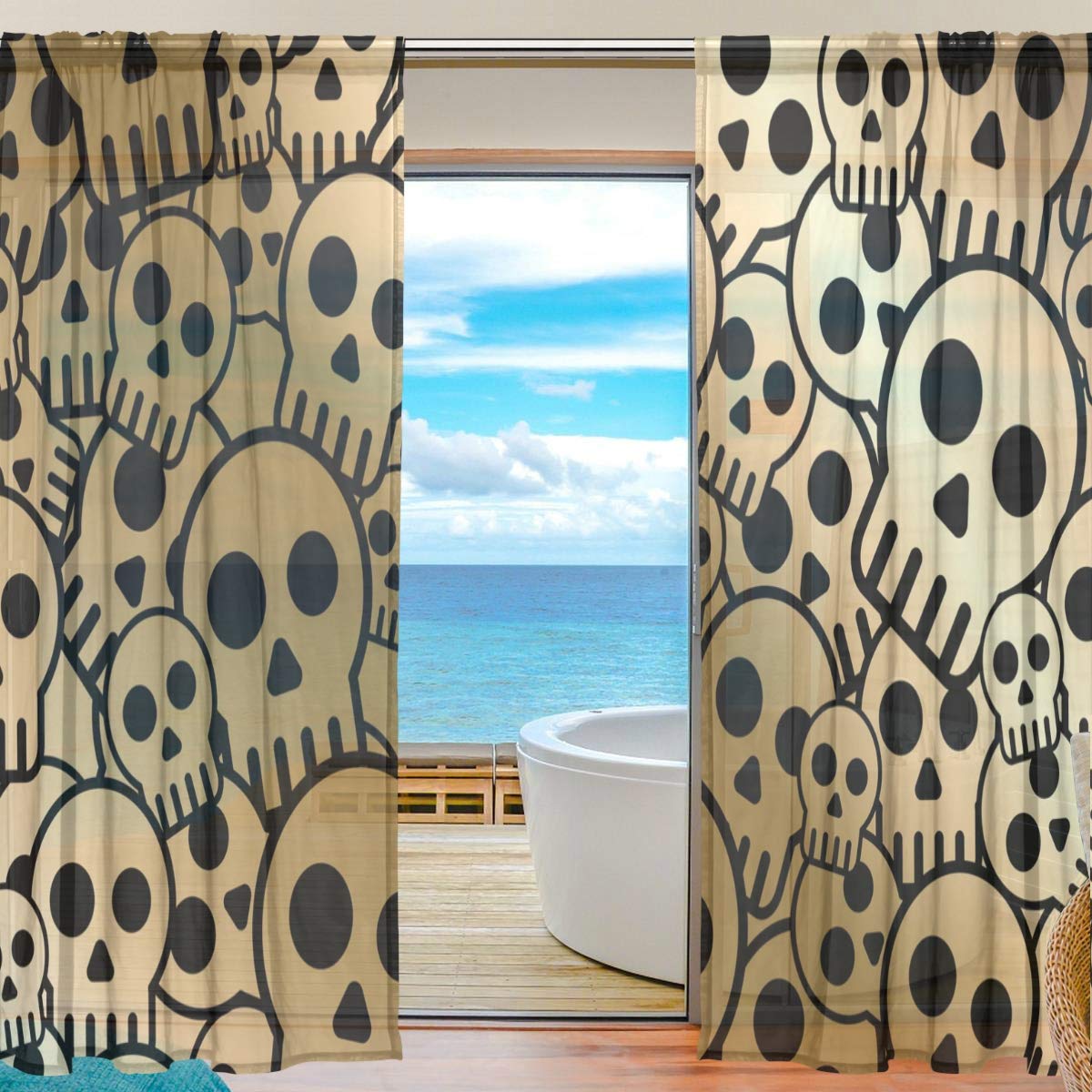 Yibaihe Mnsruu Halloween-Vorhänge mit Totenkopf-Motiv, 198 cm lang, Voile-Vorhang, Vorhänge für Wohnzimmer, Schlafzimmer, 2 Paneele