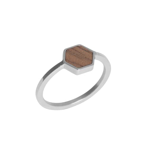 Kerbholz - Holzschmuck Damen - Hexa Ring Silber - dünner Damen Schmuck Ring in silber - Edelstahlring mit echtem Holz - Schmuck Geschenk für Frauen(Silber, S)