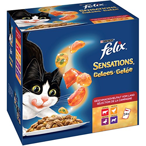 Felix Sensations, Katzennassfutter, Vitamine & Omega 6, Gelees Geschmacksvielfalt vom Land I Adult I 4er Pack (4 x 24 x 100g)