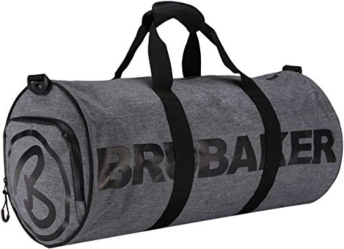 Brubaker Unisex Duffel Bag Sporttasche 27 L - wasserabweisend - Schuhfach + Nassfach + Abnehmbarer Schultergurt - 54 cm x 25 cm Ø - Anthrazit Grau Melange/Schwarz
