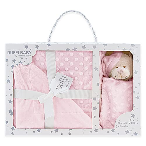 Duffi Baby - Decke und Dou Dou Baby Neugeborene, Geschenkset für Babys, Blasendecke + Plüschtier für Kinderbett, weich, Größe 80 x 110 cm und 24 x 24 cm. Rosa
