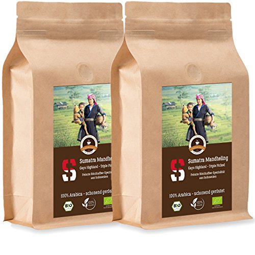 Kaffee Globetrotter - Sumatra Mandheling Gayo Highland - Bio - 2 x 1000 g Grob Gemalen - für Kaffee-Vollautomat, Kaffeemühle - Röstkaffee aus biologischem Anbau | Nachfüllpack Sparpack
