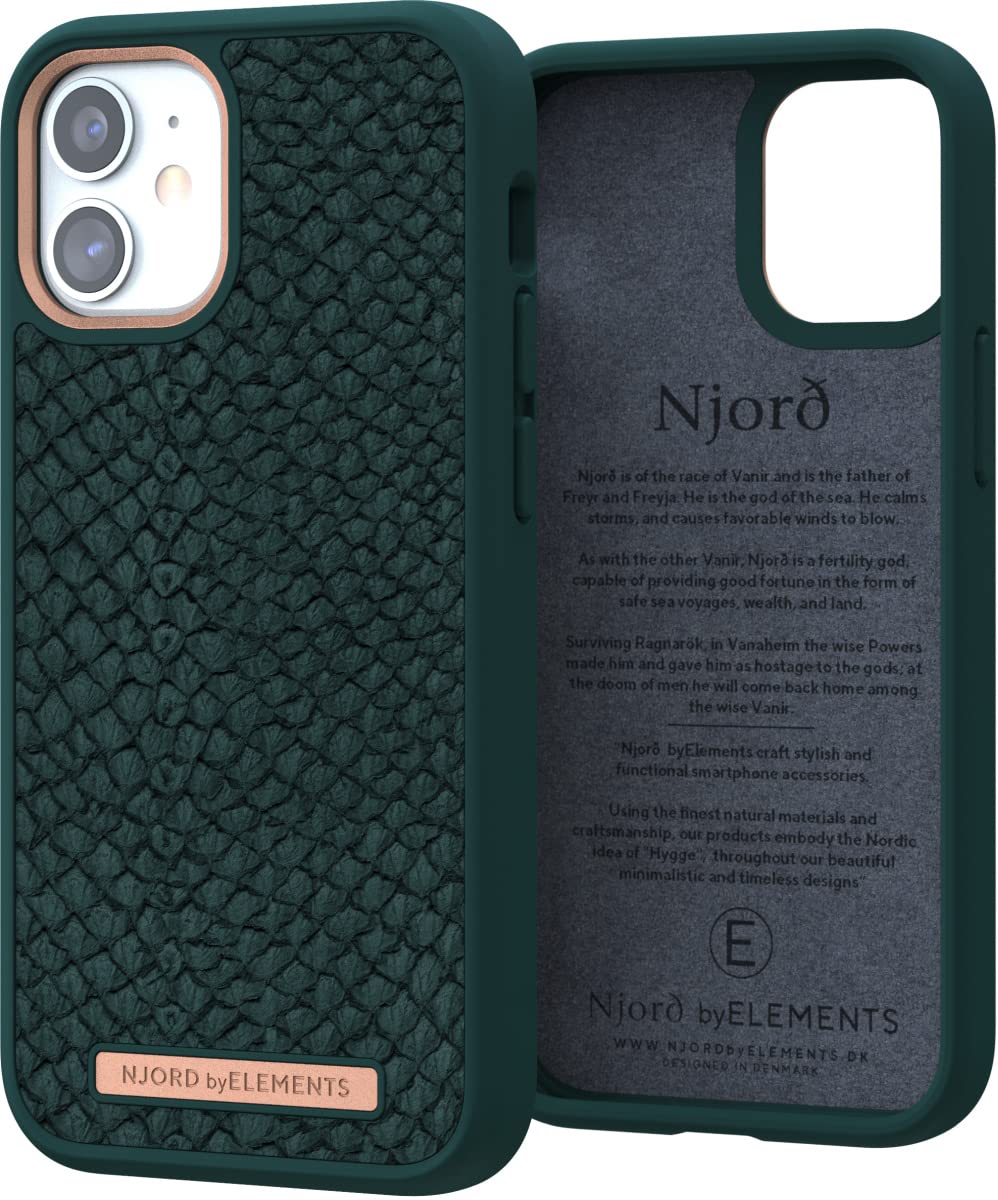 Njord byELEMENTS Salmon Leather Hülle für iPhone 12 Mini, Echtes lachsfarbenes Leder, Stilvoll und langlebig, 2M militärischer Fallschutz, Ultradünn, Speziell für iPhone - Grün