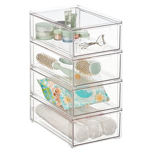 mDesign Aufbewahrungsbox fürs Badezimmer – stapelbare Schubladenbox aus Kunststoff – praktischer Kosmetikorganizer zur Aufbewahrung von Badartikeln – 4er-Set – durchsichtig