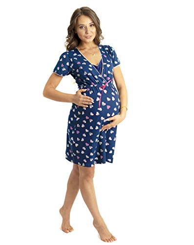 Nitis Umstandsmode Nightwear Nachthemd Nursing Schwangerschaft Stillfunktion (XL (42-44), Navy Blue (Hearts))