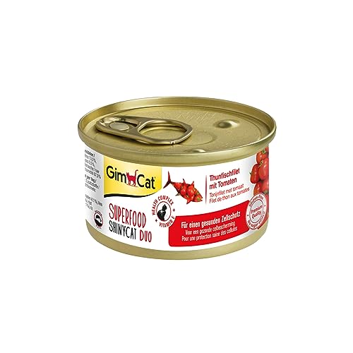 GimCat Superfood ShinyCat Duo Thunfischfilet mit Tomaten, Hochwertiges Katzenfutter mit hohem Fleischanteil, Nassfutter ohne Zuckerzusatz, 24 Dosen (24 x 70 g)