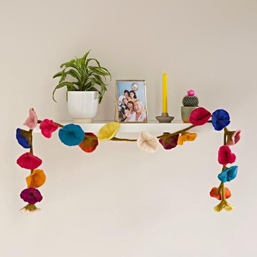 Handcrafted Felt Flower Garland | Multicoloured | 160cm Long with 20 Flowers | Hand Felted Hanging Decoration | Garden Garlands and Bunting Alternative | Mantelpiece Display