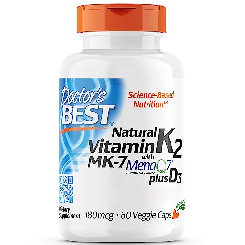 Doctor's Best, Natural Vitamin K2 MK-7, 180mcg with MenaQ7 Plus D3, 60 Kapseln, Laborgeprüft, Glutenfrei, Sojafrei, ohne Gentechnik