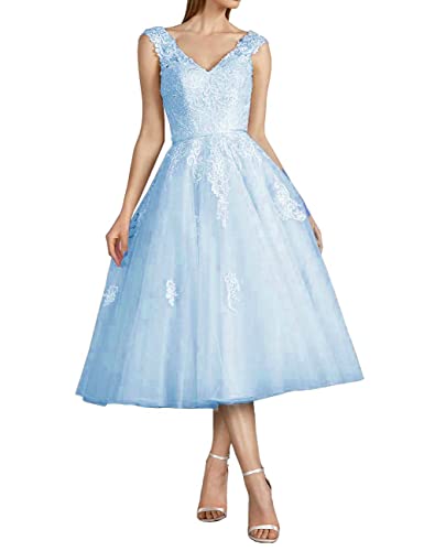 CLLA dress Damen Tüll Brautkleider Spitzen Applikationen Ballkleid Teelänge für die Braut V-Ausschnitt Abendkleider(Blau,44)