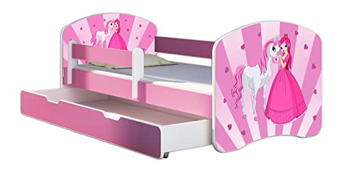 Kinderbett Jugendbett mit einer Schublade und Matratze Rausfallschutz Rosa 70 x 140 80 x 160 80 x 180 ACMA II (08 Princess, 70 x 140 cm + Bettkasten)