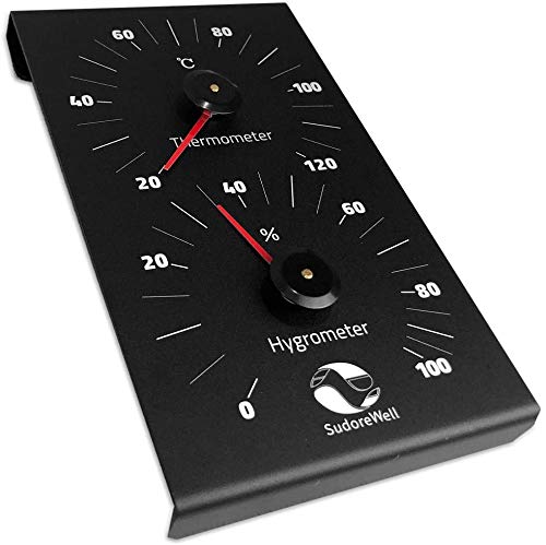 SudoreWell® Sauna Klimamesser black aus schwarzem Aluminium mit Thermometer + Hygrometer 130 x 190mm
