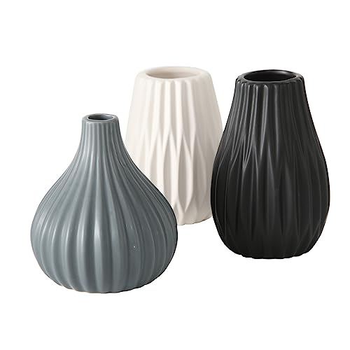 ReWu Blumenvase aus Keramik im 3er Set Mattes Design Mehrfarbig Höhe 14 cm Tischdekoration Moderne Vase Tischvase - Schwarz Weiß Grau