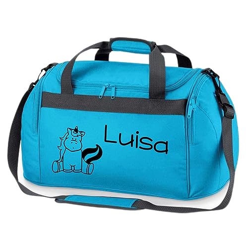 Sporttasche mit Namen für Mädchen | Motiv Einhorn für Kinder | Personalisieren & Bedrucken | Reisetasche Umhängetasche Duffle Bag (türkis)