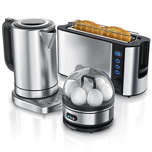 Arendo - Edelstahl Wasserkocher + Basisstation mit Temperatureinstellung + Edelstahl 1000W Toaster + Edelstahl Eierkocher für 1-7 Eier