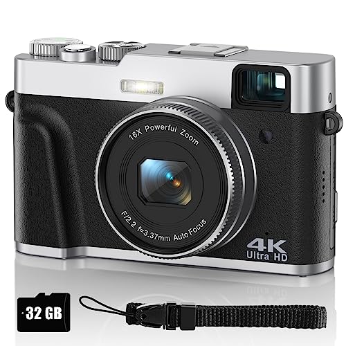Digitalkamera 4K 48MP Fotoapparat Autofokus mit 32G SD-Karte, Kompaktkamera Fotokamera mit Optischer Sucher 16X Zoom 2 Akkus Einfach zu Bedienen, Geeignet für Anfänger, Erwachsene, Jugendliche