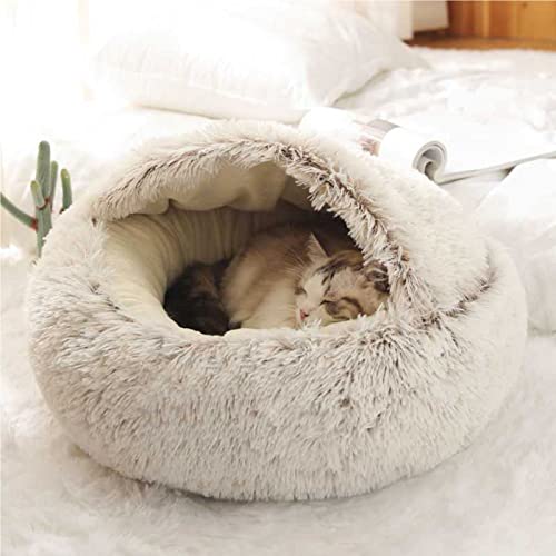 LIEMUAO Flauschiges Katzenbett Runder Haustierbett,Höhlen-Katzenbett mit Kapuze rutschfest warm Katzenbett für Katzen und Welpen (50cm, Braun)