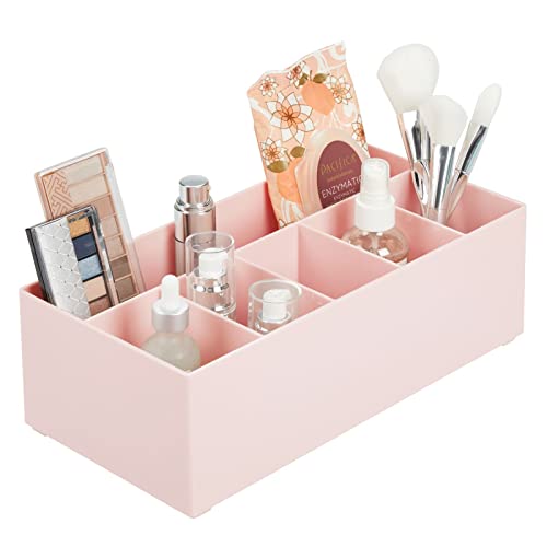 mDesign Schminkaufbewahrung für Wasch- oder Schminktische – Aufbewahrungsbox aus BPA-freiem Kunststoff für Make-up – moderner Kosmetik Organizer mit 6 Fächern – rosa