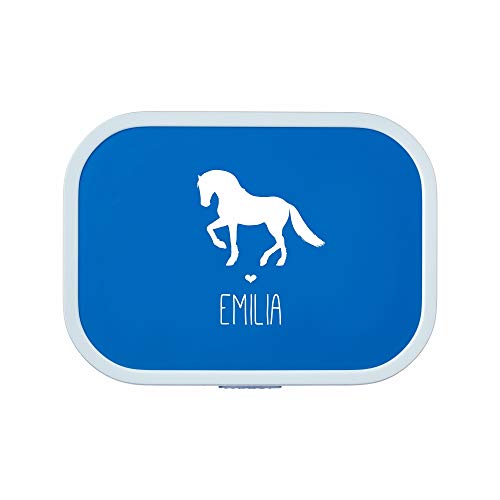 4you Design Brotdose Pferd Silhouette mit Namen | Mepal Campus + Bento Box & Gabel - Schule - Kindergarten - Snackbox - 6 Farben (Blau)
