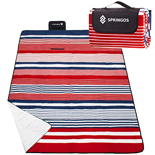 SPRINGOS Picknickdecke 200 x 160 cm Decke mit roten Streifen Stranddecke mit Tragegriff Outdoor-Decke Autodecke Strandtuch Sitzunterlage