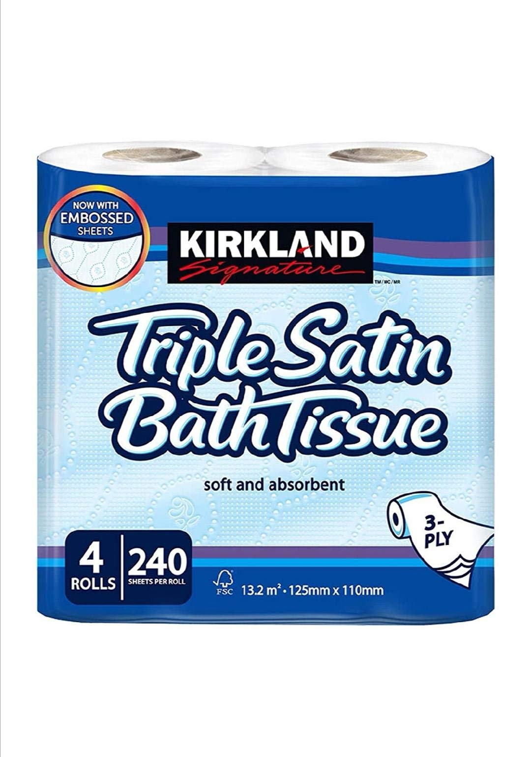 Kirkland Signature Weiches und saugfähiges Dreifach-Satin-Premium-Bad-WC-Seidenpapier, 4 Rollen, 10 Packungen, Weiß, Kirkland-Toilettenrolle, 10 Stück