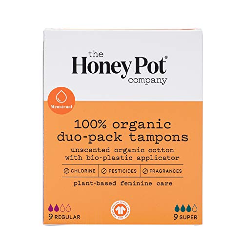 The Honey Pot Bio-Tampons ohne Duft – natürliche, pflanzliche, weibliche Menstruationsprodukte – chlorfrei, hypoallergen – Bio-Kunststoff-Applikator – super Saugfähigkeit, geruchlose Tampons – 18
