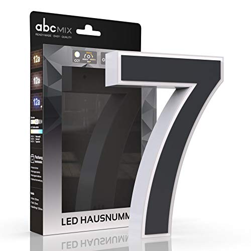 abcMIX LED Hausnummer, personalisierbare beleuchtete Hausnummer, Hausnummernleuchte mit LED - Hausnummer 7, Farbe ANTHRAZIT