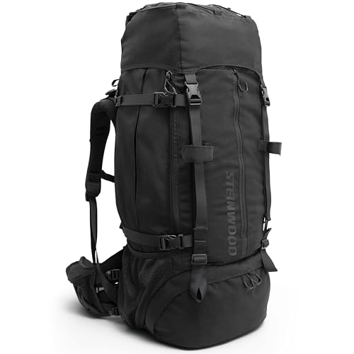 Steinwood Trekkingrucksack 70L, Wanderrucksack, Backpacker-Rucksack, Reiserucksack, wasserabweisend mit Regenhülle, schwarz