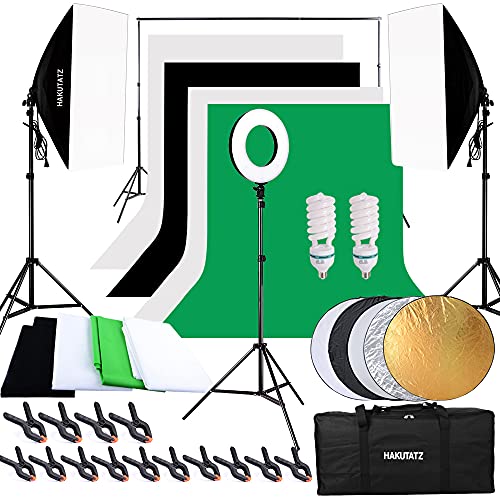 HAKUTATZ® Fotostudio Set Fotografie Studioleuchte Fotowand Softbox mit 12 Zoll LED Ringleuchte Ringlicht Green Screen Set