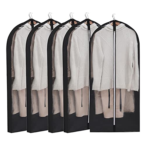 Oiyekntd Kleidersäcke mit Reißverschluss zum Aufhängen von Kleidung mit 16,3 cm Seitenfalten, Langer Anzugssack, atmungsaktiver Staubschutz für Mäntel, Jacken, Hemden (5er-Set),Black-60×16×150cm