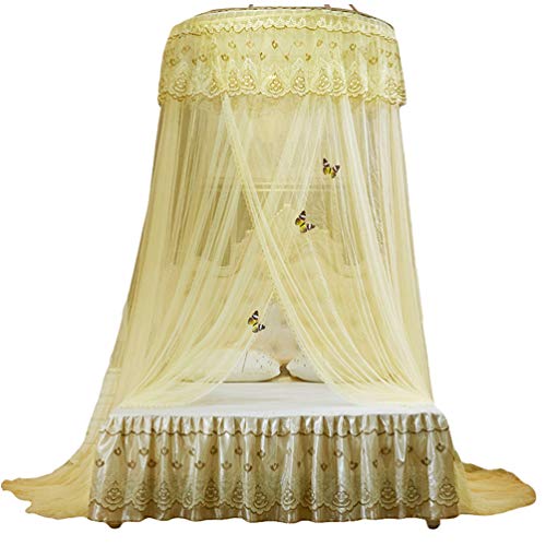 Kaiyei Moskitonetz Universal Himmelbett für Doppelbett, Einzelbett, Kinderbetten, Prinzessin Rund mit Klebehaken Schmetterling Dekoration Schlafzimmer Palast Europäischer Stil Beige Gelb 120cm×200cm