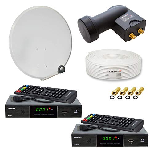 PremiumX Digitale HD SAT Anlage für 2 Teilnehmer 60cm Schüssel Twin LNB 25m Koax TV Kabel 2X Satelliten Receiver FullHD