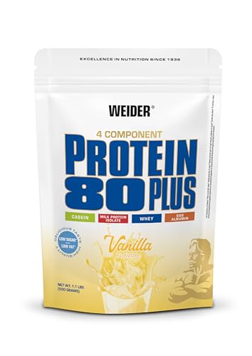 WEIDER Protein 80 Plus Eiweißpulver, Vanille, Low-Carb, Mehrkomponenten Casein Whey Mix für Proteinshakes, 500g