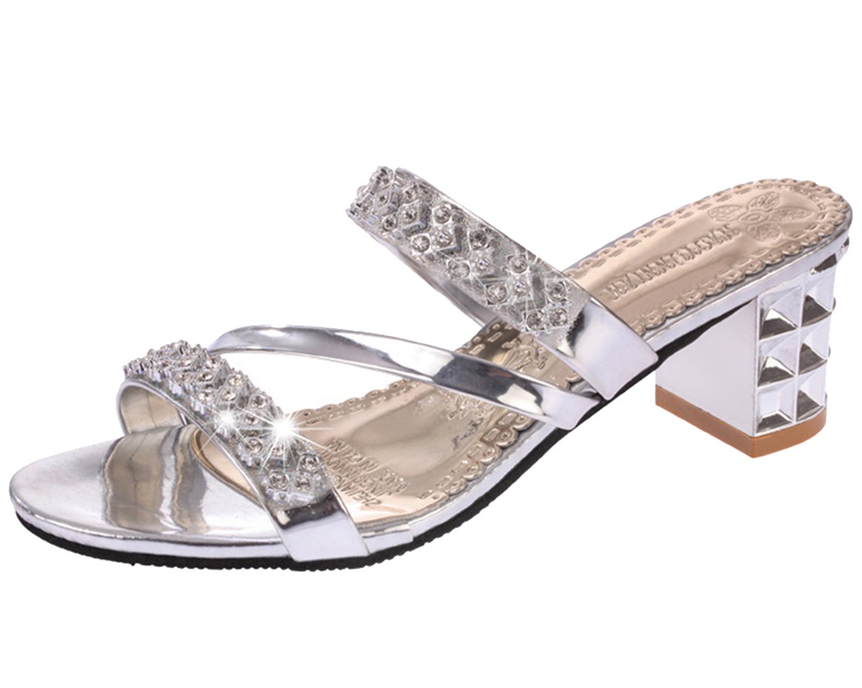 Cheerlife Damen Sommer Blockabsatz Strass Abend Pantoletten Sandalen Sandaletten Badelatschen Größe Peep Toe Schuhe 40 Silber