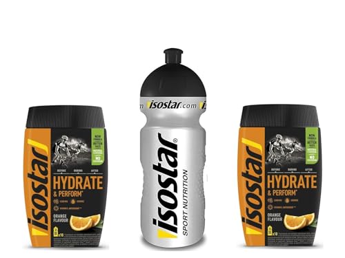 Isostar Hydrate & Perform Iso Drink – 400 g isotonisches Getränkepulver – Elektrolyt Pulver zur Unterstützung der sportlichen Leistungsfähigkeit – 2 x Orange + 0,5 Liter Flasche