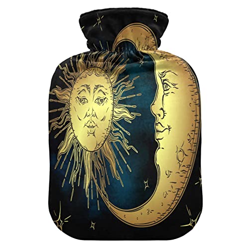 YOUJUNER Wärmflasche mit Goldene Sonne-Mond-Sterne Bezug, Groß 2 Liter Heißwasserbeutel Heißwasserbeutel Bettflasche