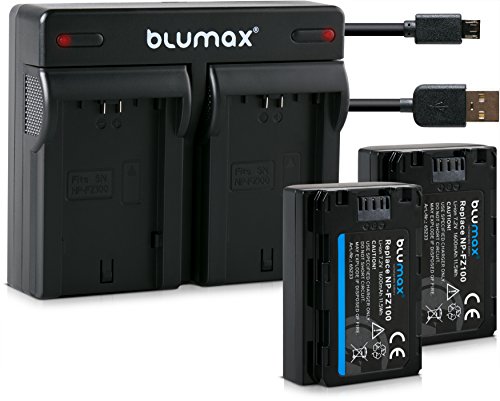 Blumax 2X Akku für Sony NP-FZ100 1600mAh + Mini Dual-Ladegerät NP-FZ100 Charger | passend zu Sony Alpha 7 III/Alpha 7R III/Alpha 9 || inkl. Micro USB-Kabel