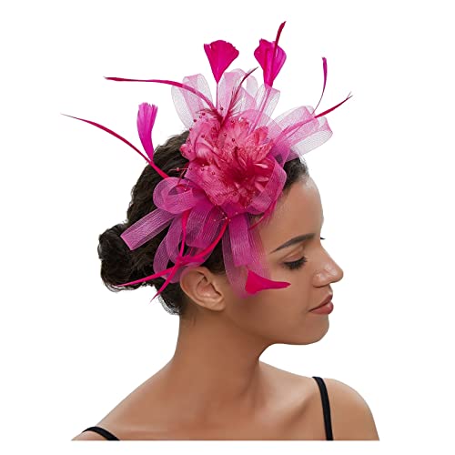 Fascinator-Hut, Feder-Blumen-Kopfschmuck, Braut-Kopfbedeckung, Netz-Zylinder, Jockey-Club-Haarschmuck, Stirnband und Haarnadel (Color : Rose red, Size : 1)